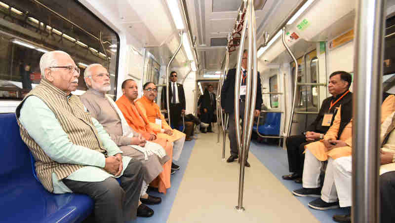 The Prime Minister, Shri Narendra Modi taking a ride in Metro from Botanical Garden Station to Okhla Bird Sanctuary along with the Governor of Uttar Pradesh, Shri Ram Naik and the Chief Minister, Uttar Pradesh, Yogi Adityanath and other dignitaries after its inauguration, at Noida, Uttar Pradesh on December 25, 2017.