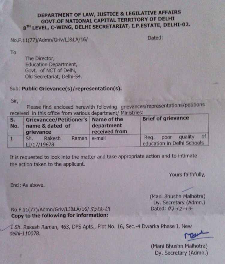 The Law Department of Delhi Government has forwarded my representation (Subject: Poor Quality of Education in Delhi Schools) to the Director (Education) of Delhi Government.