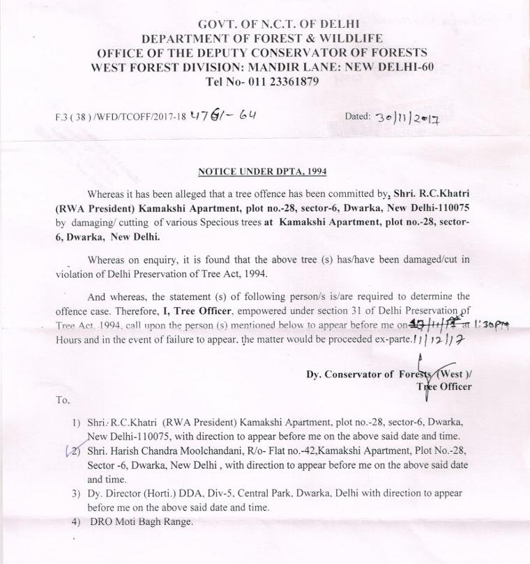 The tree offence notice sent to the President of Kamakshi Apartments by the Department of Forest & Wildlife of the Delhi Government.