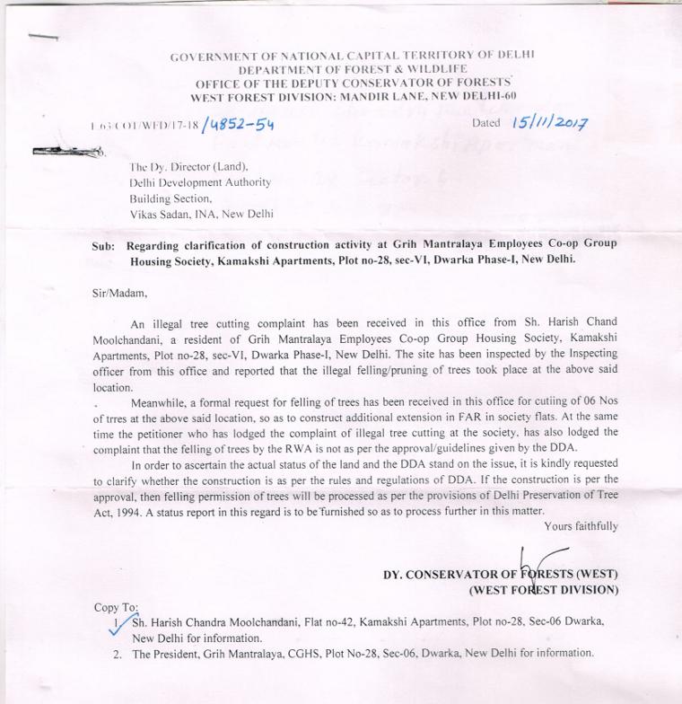 The letter sent to the DDA by the Department of Forest & Wildlife of the Delhi Government.