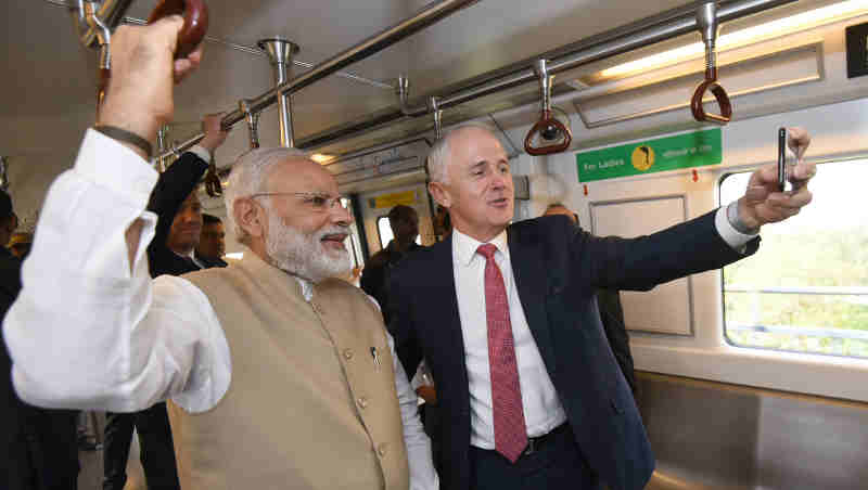 The Prime Minister, Shri Narendra Modi and the Prime Minister of Australia, Mr. Malcolm Turnbull travelling to Akshardham temple in Delhi Metro, in New Delhi on April 10, 2017.