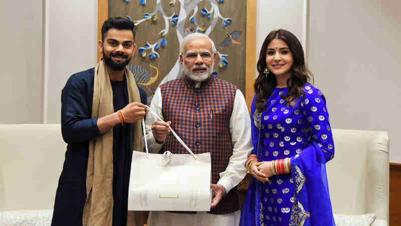 The captain of the Indian cricket team, Virat Kohli and actress Anushka Sharma calls on the Prime Minister, Narendra Modi, in New Delhi on December 20, 2017.