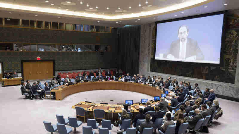 Zeid Ra'ad Al Hussein, High Commissioner for Human Rights, addresses Security Council meeting on the situation in the Democratic People’s Republic of Korea via video conference. UN Photo/Rick Bajornas