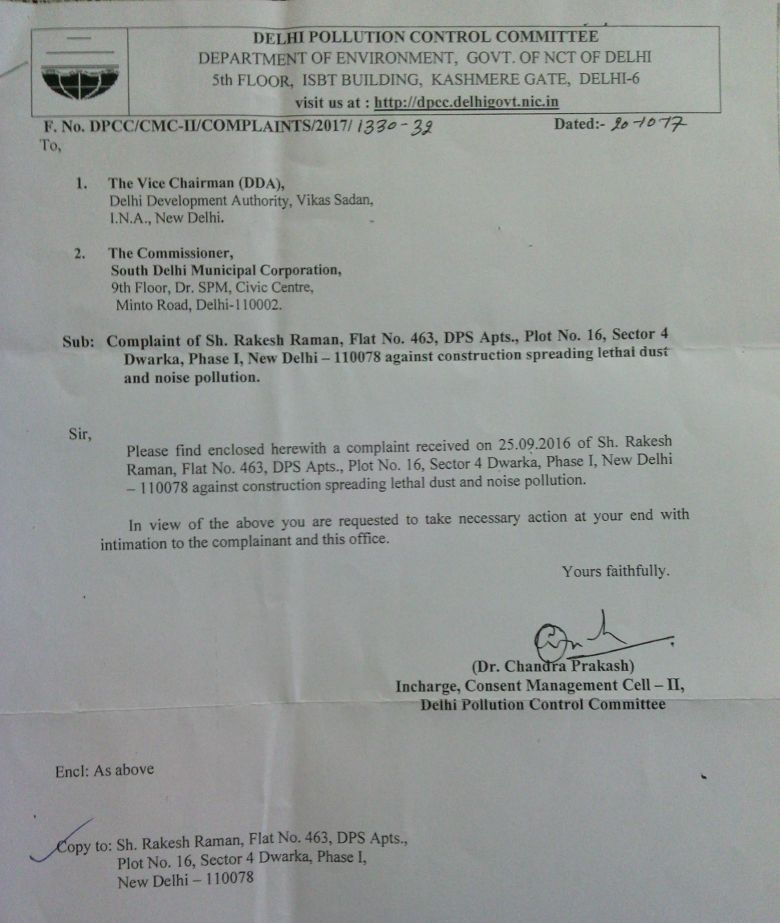 Delhi Pollution Control Committee (DPCC) writes to Vice Chairman DDA about the lethal dust and noise pollution that FAR construction is spreading.