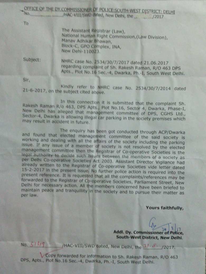 Letter from Delhi Police informing me that the DPS CGHS has refused to remove the illegal car parking. The case was sent to RCS office which did not take any action. Illegal car parking persists at DPS CGHS.