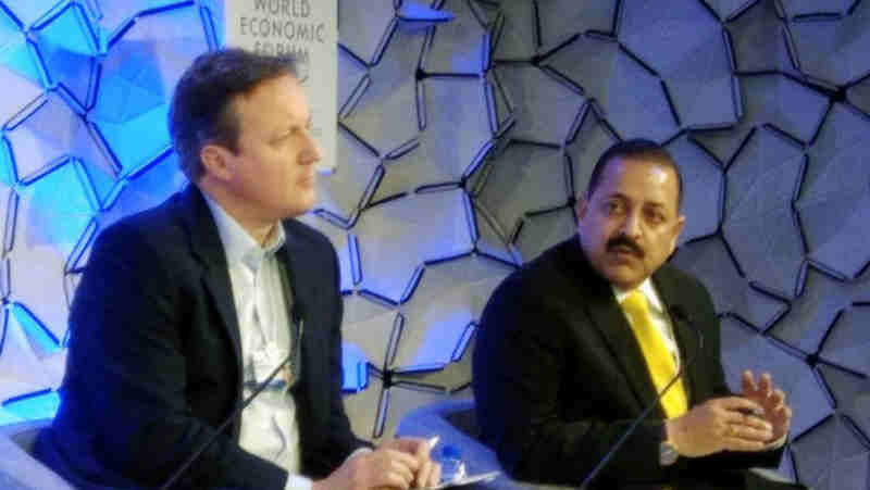 Dr. Jitendra Singh speaking at a Panel discussion on “From Fragile Cities to Renewal”, at World Economic Forum meeting, in Davos, Switzerland on January 23, 2018 . The former UK Prime Minister, Mr. David Cameron is also seen.