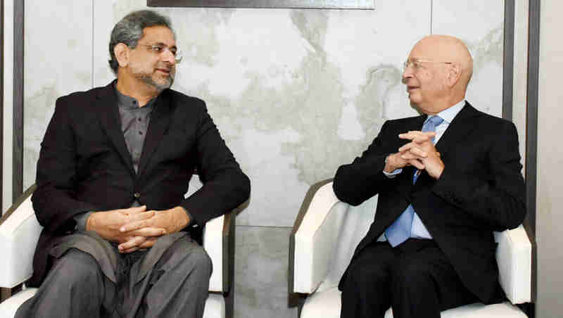 PRIME MINISTER SHAHID KHAQAN ABBASI MEETS FOUNDER AND CHAIRMAN OF THE WORLD ECONOMIC FORUM (WEF) PROFESSOR KLAUS SCHWAB IN DAVOS ON JANUARY 25, 2018.