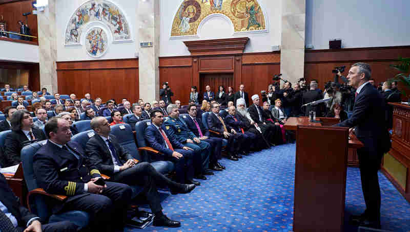 NATO Secretary General Jens Stoltenberg addresses the Parliament of the former Yugoslav Republic of Macedonia. Photo: NATO