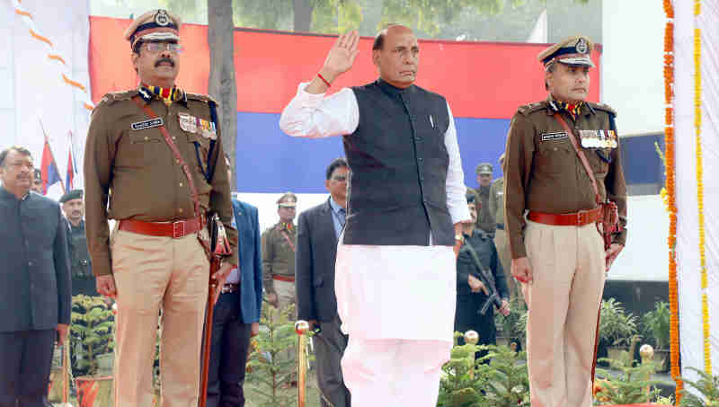 Rajnath Singh taking the salute, during the 71st Raising Day Parade of Delhi Police, in New Delhi on February 16, 2018