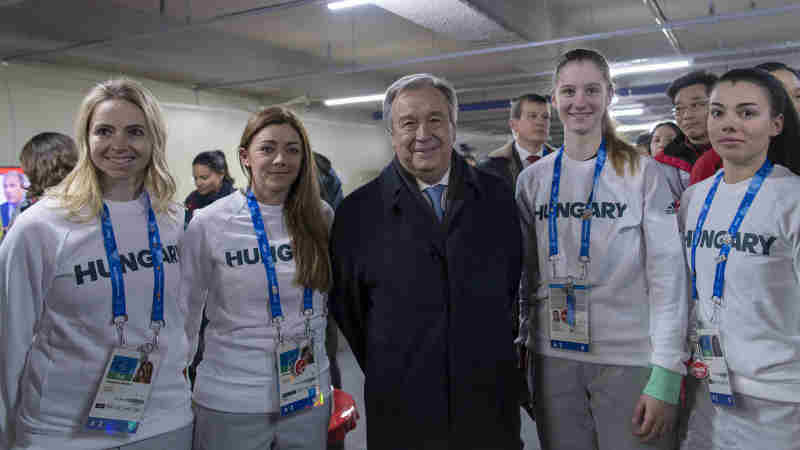 Secretary-General António Guterres meets with athletes at the Olympic village. UN Photo/Mark Garten