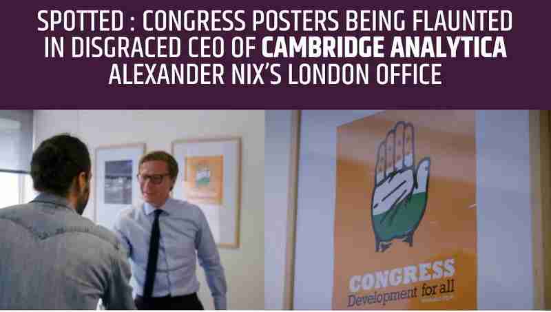 BJP has revealed fresh details, saying that Congress posters have been spotted in Cambridge Analytica London office.