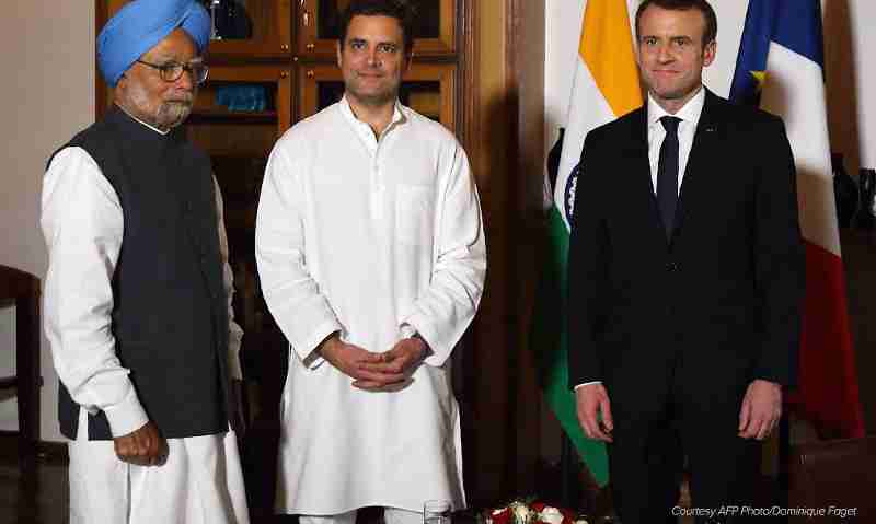 Rahul Gandhi with Manmohan Singh and Emmanuel Macron. Photo courtesy: Rahul Gandhi / Twitter