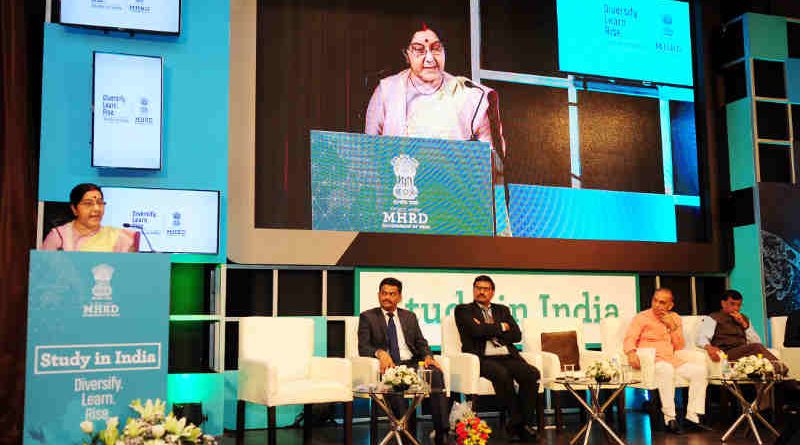The Union Minister for External Affairs, Smt. Sushma Swaraj addressing at the launch of ‘Study in India’ Portal, in New Delhi on April 18, 2018.