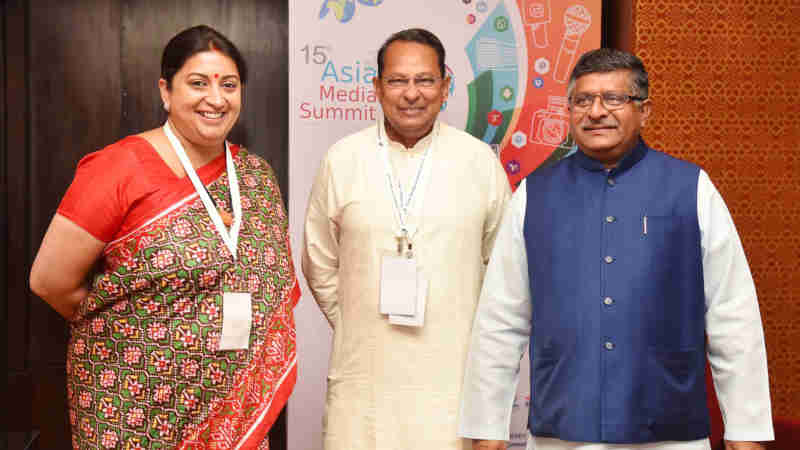The Union Minister for Textiles and Information & Broadcasting, Smt. Smriti Irani, the Union Minister for Electronics & Information Technology and Law & Justice, Shri Ravi Shankar Prasad and the Minister of Information, Bangladesh, Mr. Hasanul Haq Inu, at the 15th Asia Media Summit, in New Delhi on May 10, 2018.