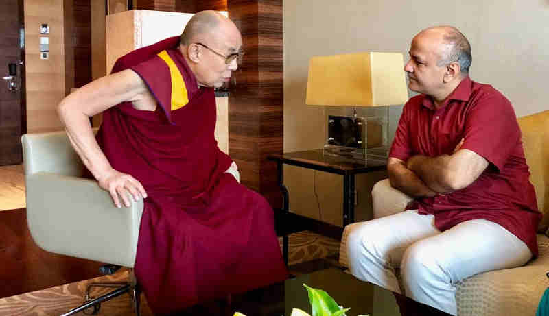 Dalai Lama with Delhi education minister Manish Sisodia. Photo: AAP