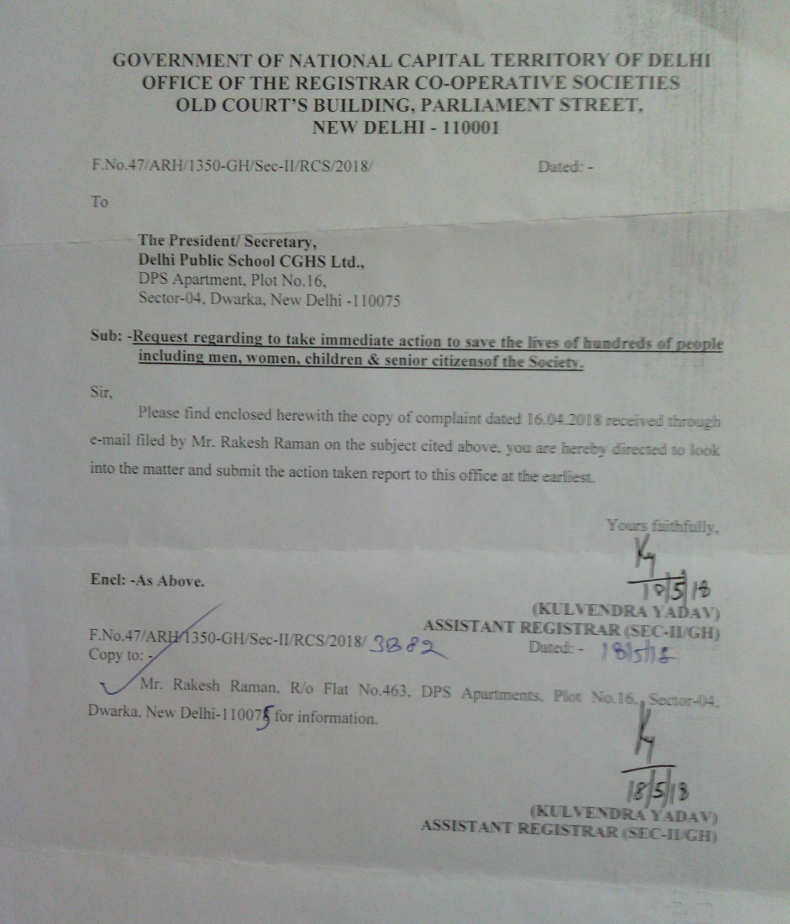 Letter from RCS office to DPS CGHS MC to save the lives of people in the illegal car parking case which is posing risk in the event of fire. DPS CGHS MC has ignored the RCS letter.