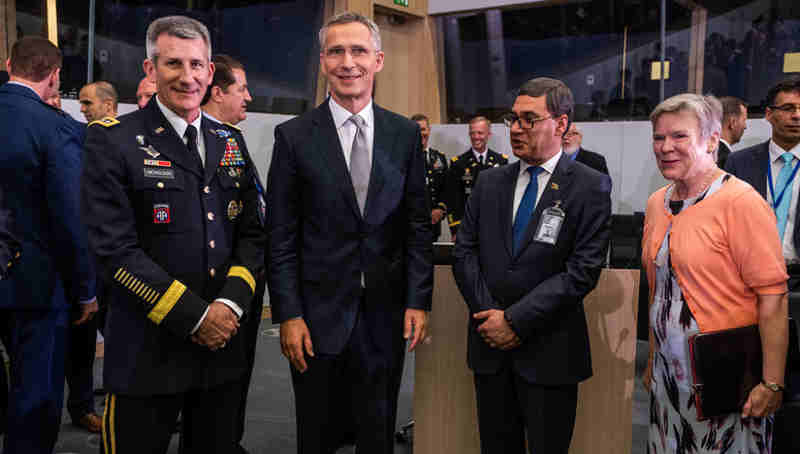 Left to right: General John W. Nicholson (Commander Resolute Support); NATO Secretary General Jens Stoltenberg; Tariq Shah Bahramee (Minister of Defence, Afghanistan); NATO Deputy Secretary General Rose Gottemoeller. Photo: NATO