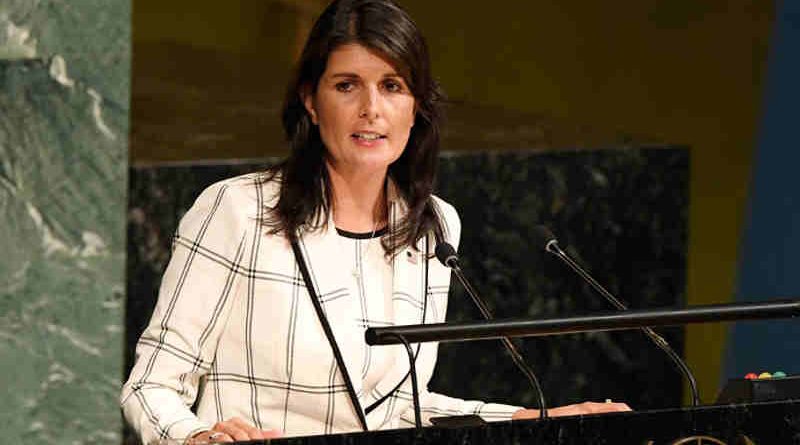 Ambassador Nikki R. Haley of the United States addresses General Assembly on the "Illegal Israeli actions in Occupied East Jerusalem and the rest of the Occupied Palestinian Territory". UN Photo / Evan Schneider