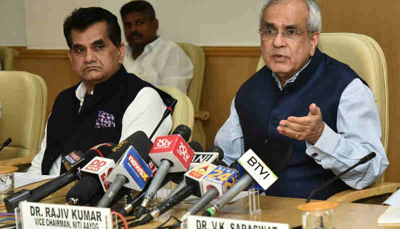 The Vice-Chairman, NITI Aayog, Rajiv Kumar addressing media after the 4th meeting of Governing Council of NITI Aayog, in New Delhi on June 17, 2018. The CEO, NITI Aayog, Amitabh Kant is also seen.