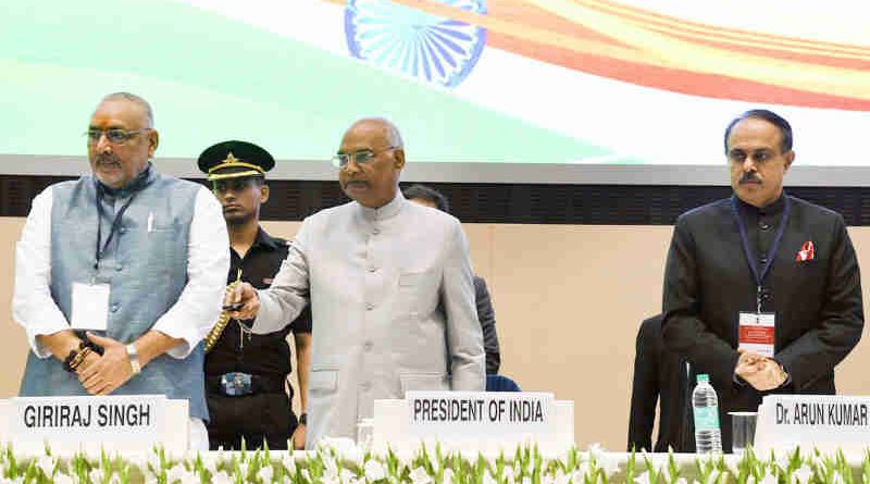 The President, Shri Ram Nath Kovind launching the Solar Charkha Mission, at the inauguration of the National Conclave (MSME Udyam Sangam 2018), on the occasion of the 2nd United Nations MSME Day, in New Delhi on June 27, 2018. The Minister of State for Micro, Small & Medium Enterprises (I/C), Shri Giriraj Singh and the Secretary, MSME, Shri Arun Kumar Panda are also seen.