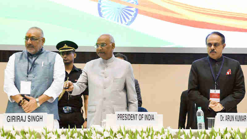 The President, Shri Ram Nath Kovind launching the Solar Charkha Mission, at the inauguration of the National Conclave (MSME Udyam Sangam 2018), on the occasion of the 2nd United Nations MSME Day, in New Delhi on June 27, 2018. The Minister of State for Micro, Small & Medium Enterprises (I/C), Shri Giriraj Singh and the Secretary, MSME, Shri Arun Kumar Panda are also seen.