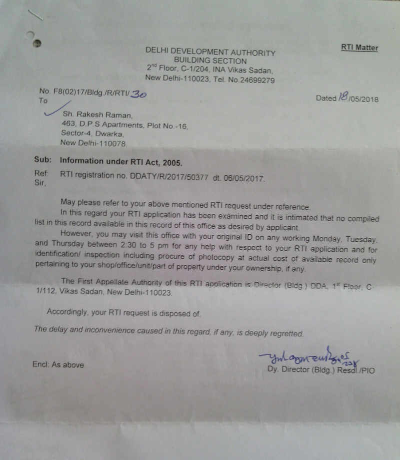 DDA responds to RTI saying that DDA has not kept the record of FAR proposals that have been submitted to it. It is a clear case of dereliction of duty by DDA officials.