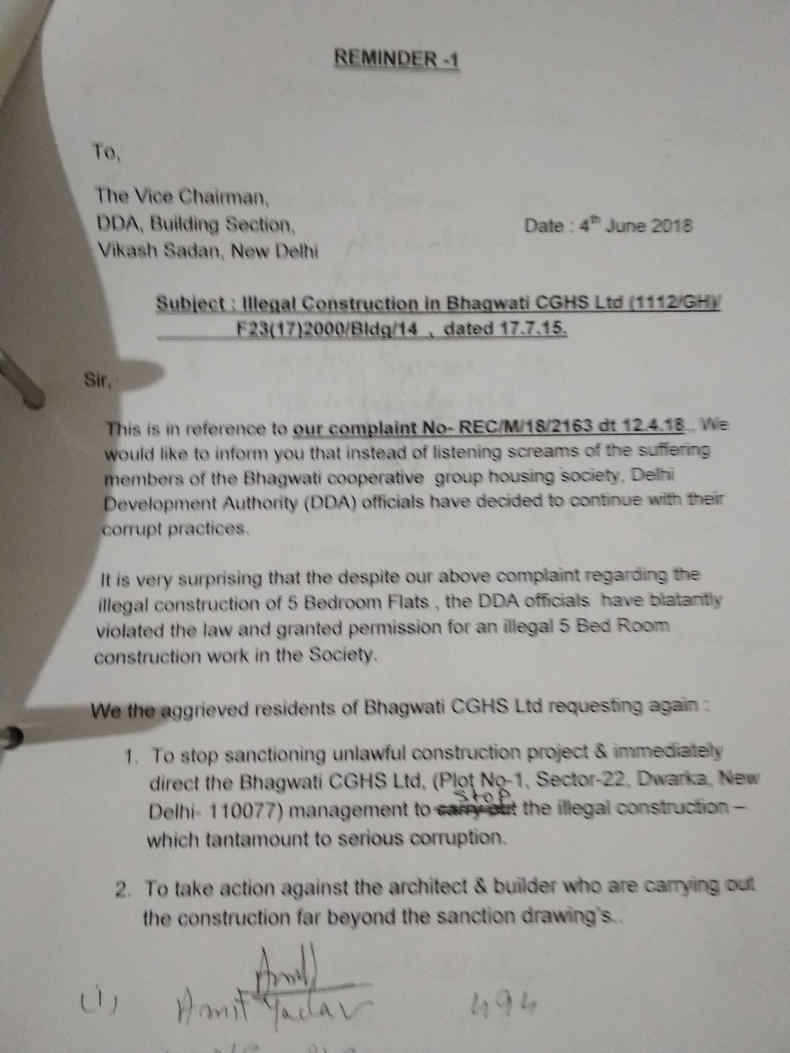 In this letter to DDA, members requested to get the illegal construction stopped at Bhagwati CGHS.