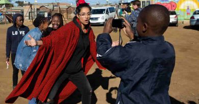 On 22 July 2018 in South Africa, (centre) UNICEF Goodwill Ambassador Lilly Singh interacts with a child during a visit to the Isibindi Safe Park in Soweto. Photo: UNICEF