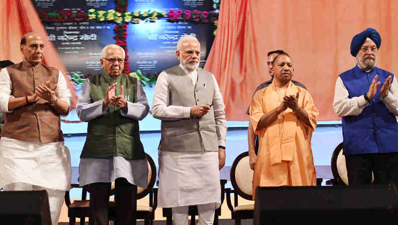 Prime Minister Narendra Modi laying the foundation stone for various projects in Lucknow, Uttar Pradesh on July 29, 2018.