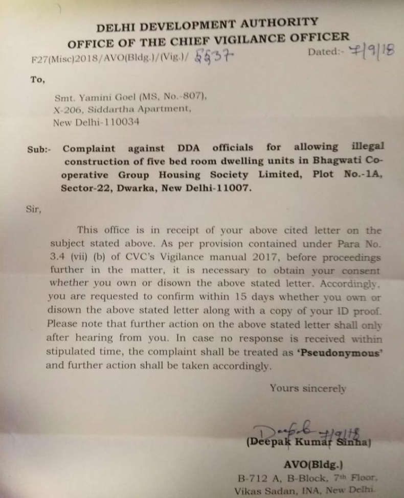 The office of the Chief Vigilance Officer of DDA confirmed that it is ready to pursue the complaint against DDA officials for allowing illegal construction of 5-bedroom dwelling units at Bhagwati CGHS.