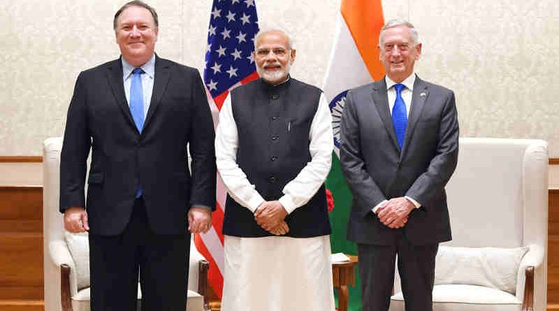 Narendra Modi meets the US Secretary of State, Mr. Michael R. Pompeo and the US Secretary of Defence, Mr. James Mattis, in New Delhi on September 06, 2018. Photo: PIB (file photo)