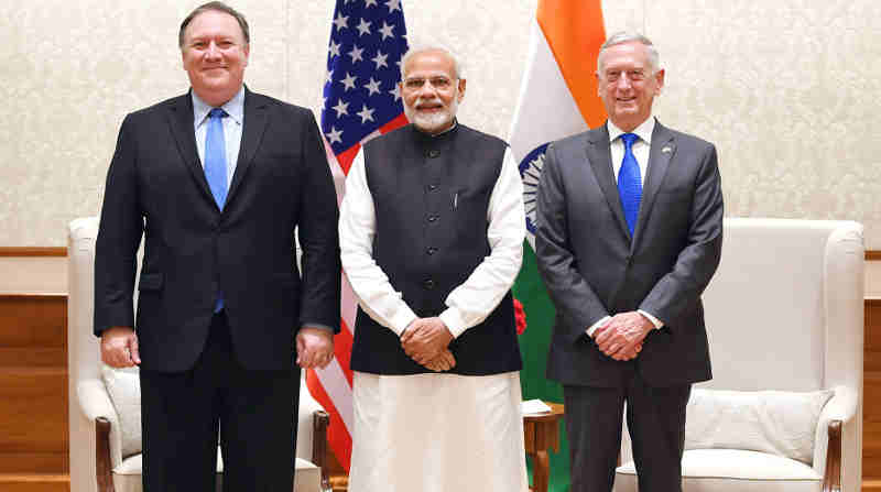 Narendra Modi meets the US Secretary of State, Mr. Michael R. Pompeo and the US Secretary of Defence, Mr. James Mattis, in New Delhi on September 06, 2018. Photo: PIB (file photo)