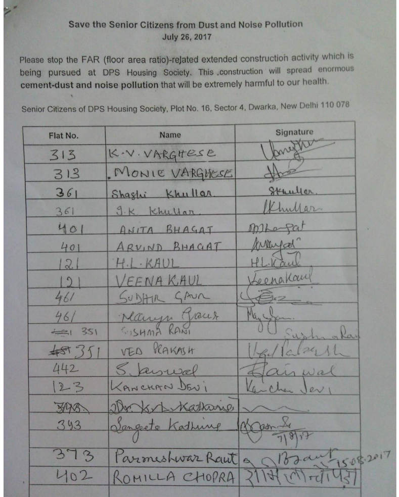 Senior citizens of DPS CGHS requested to save them from dust and noise pollution of FAR construction. But their requests are being ignored.