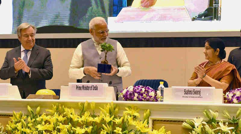 The Prime Minister, Shri Narendra Modi at the inauguration of 1st Assembly of International Solar Alliance (ISA), 2nd IORA Renewable Energy Ministerial Meet & 2nd Global RE-Invest 2018, in New Delhi on October 02, 2018. The Secretary General of the United Nations, Mr. Antonio Guterres and the Union Minister for External Affairs, Smt. Sushma Swaraj are also seen.