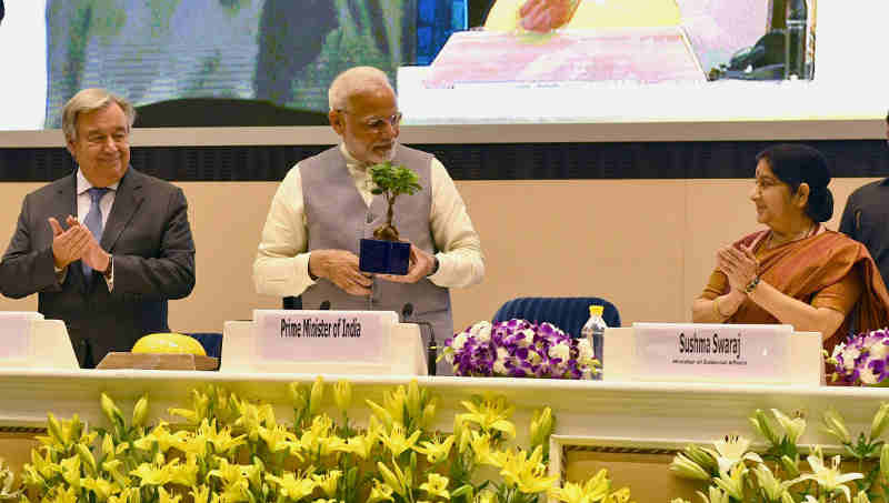 The Prime Minister, Shri Narendra Modi at the inauguration of 1st Assembly of International Solar Alliance (ISA), 2nd IORA Renewable Energy Ministerial Meet & 2nd Global RE-Invest 2018, in New Delhi on October 02, 2018. The Secretary General of the United Nations, Mr. Antonio Guterres and the Union Minister for External Affairs, Smt. Sushma Swaraj are also seen.