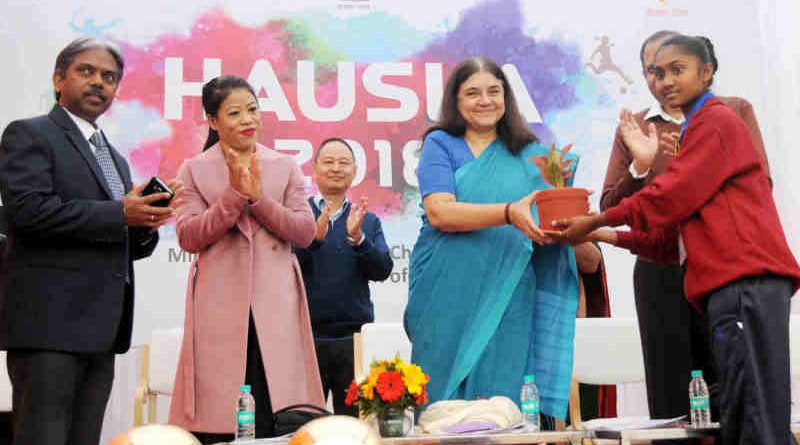 The Union Minister for Women and Child Development, Smt. Maneka Sanjay Gandhi at the inauguration of the HAUSLA-2018 Sports Meet, at JLN Stadium, New Delhi on November 28, 2018. The MP (Rajya Sabha) and Indian Olympic Boxer, Ms. Mary Kom is also seen.