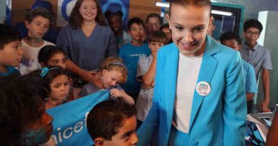 UNICEF supporter Millie Bobby Brown on the set of a video produced for World Children's Day 2018 on 24 August 2018 in New York City in the United States of America. Actor Millie Bobby Brown has teamed up with UNICEF Goodwill Ambassadors Orlando Bloom, Liam Neeson and Lilly Singh; singer-songwriter Dua Lipa and performance artists the Blue Man Group, in a new video released by UNICEF ahead of World Children’s Day, celebrated on 20 November 2018. The short video shows the 14 year-old star – who has symbolically changed her name to Millie Bobby ‘Blue’ to mark the occasion – overseeing a global ‘go blue’ operation. Alongside her team of young helpers, Millie calls on fellow UNICEF Goodwill Ambassadors and supporters to join her in going blue – by wearing or displaying the colour blue – in support of children’s rights. As the story unfolds, viewers see the stars responding to Millie’s call while going about their daily lives. Liam Neeson bakes blue cupcakes while reenacting a famous scene from his cult-hit Taken, Dua is in studio re-recording the lyrics of her global hit Be The One from red to blue, Orlando is on a film set working under his new name – Orlando ‘Bluem’ – and Lilly is at home making ‘blunicorn’ smoothies. UNICEF’s annual World Children’s Day is commemorated each year on 20 November and marks the anniversary of the adoption of the Convention on the Rights of the Child. The global day raises awareness and vital funds for the millions of children who are unschooled, unprotected and uprooted. This year, UNICEF is inviting the public to go online and sign its global petition asking for leaders to commit to fulfilling the rights of every child now and for future generations, and to Go Blue for every child by doing or wearing something blue on 20 November.