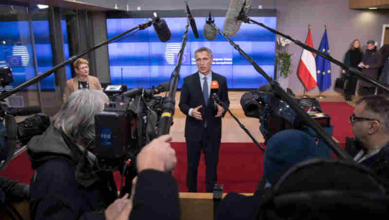 NATO Secretary General Jens Stoltenberg delivers a doorstep statement upon arrival at the European Council. Photo: NATO