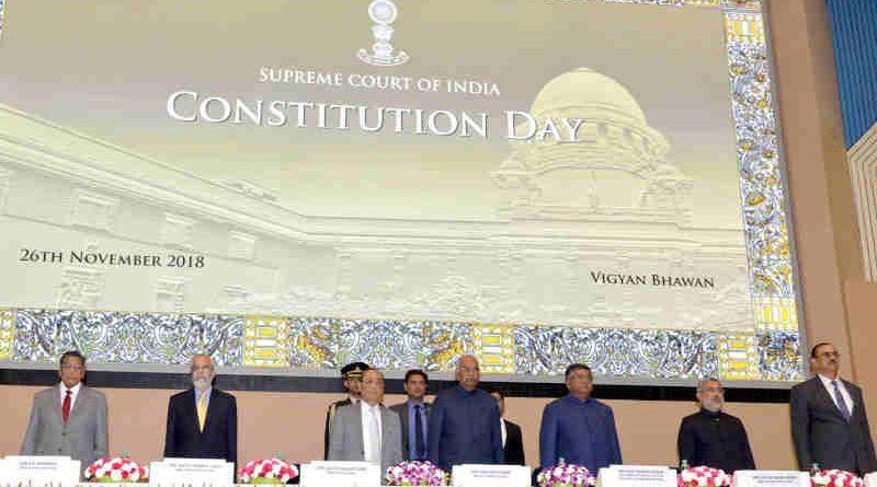 The President, Shri Ram Nath Kovind at the inauguration of the Constitution Day Celebrations, organised by the Supreme Court of India, in New Delhi on November 26, 2018. The Chief Justice of India, Shri Justice Ranjan Gogoi, the Union Minister for Electronics & Information Technology and Law & Justice, Shri Ravi Shankar Prasad and other dignitaries are also seen.