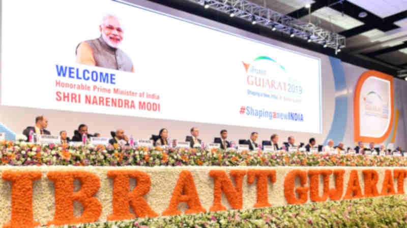 Narendra Modi and other dignitaries at the inaugural session of the 9th Vibrant Gujarat Global Summit, at Mahatma Mandir Exhibition cum Convention Centre, in Gandhinagar, Gujarat on January 18, 2019