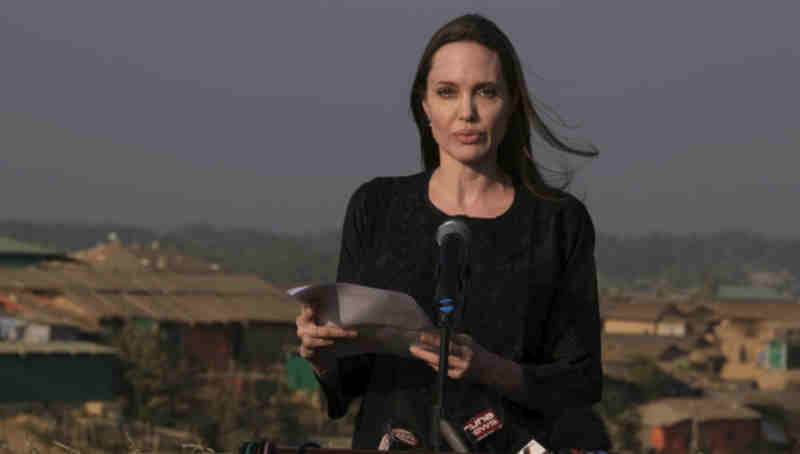 UNHCR Special Envoy Angelina Jolie speaks at a press conference in Bangladesh’s Kutupalong refugee camp. Photo: UNHCR / Santiago Escobar-Jaramillo