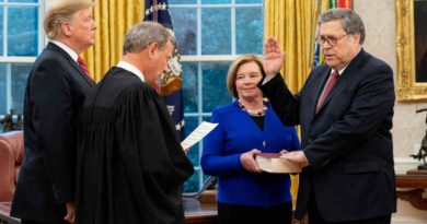 President Donald J. Trump participates in swearing-in of William P. Barr administered by U.S. Supreme Court Chief Justice John Roberts on February 14, 2019. Attorney General Barr's wife, Christine, holds the Bible. Official White House Photo by Tia Dufour