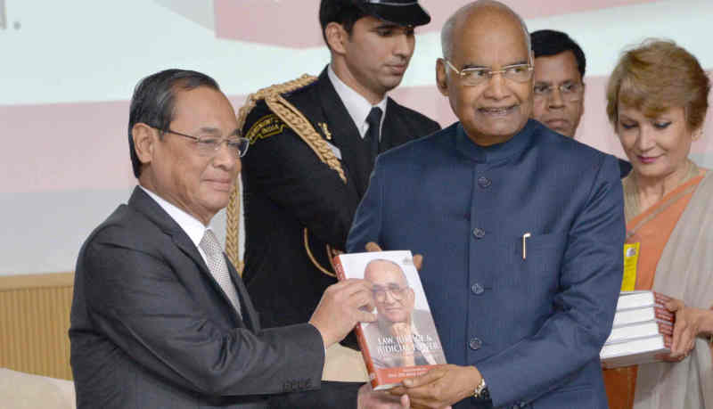 President, Ram Nath Kovind receiving the First Copy of the Festschrift titled “Law, Justice & Judicial Power - Justice P.N. Bhagwati’s Approach”, in New Delhi on February 08, 2019