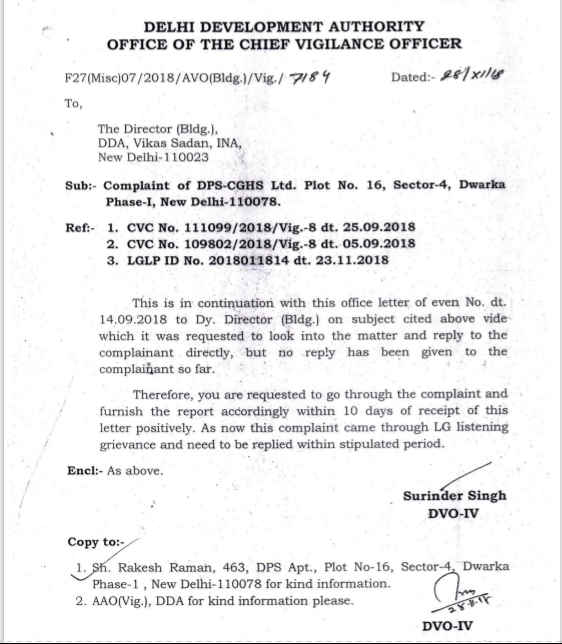 DDA CVO letter to Director (Building) DDA in DPS CGHS corruption case.