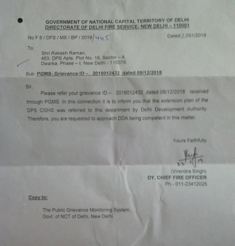 Letter from Delhi Fire Service to state that DDA is responsible for FAR approval.