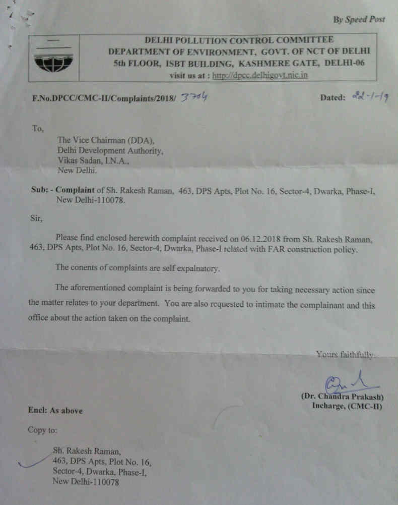 Letter from DPCC to Vice Chairman (DDA) about FAR construction.
