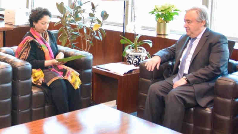 Pakistan's Ambassador at the UN in New York Maleeha Lodhi meeting the UN Secretary General Antonio Guterres on February 20, 2019 to discuss Kashmir issue.