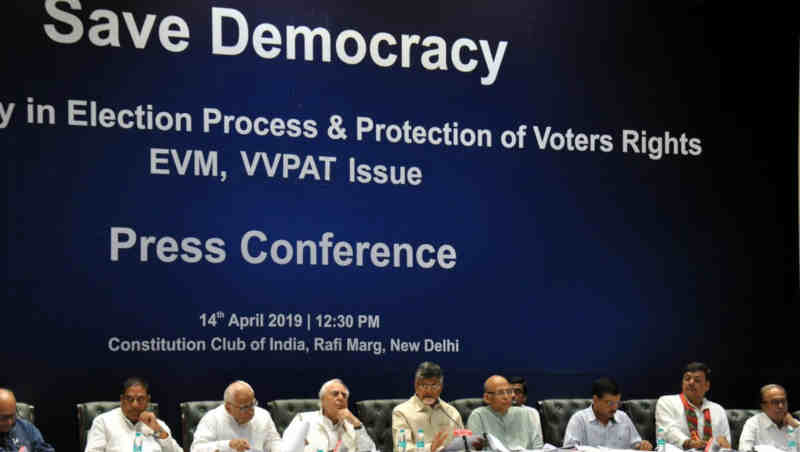 Opposition political parties holding a press conference on April 14, 2019 to raise the issue of election frauds on EVMs in India. (file photo)