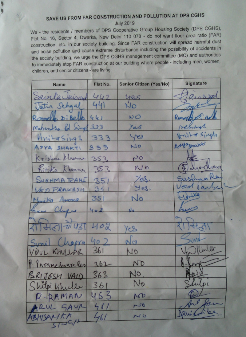 DPS CGHS residents started a signature campaign to oppose FAR construction