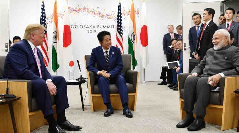 The Prime Minister of India, Narendra Modi with the Prime Minister of Japan, Mr. Shinzo Abe, and the President of United States of America (USA), Mr. Donald Trump in a Trilateral Meeting of JAI (Japan-America-India), on the sidelines of the G-20 Summit, in Osaka, Japan. Photo: PIB (file photo)